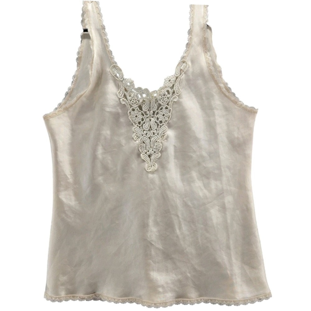 Vintage Ivory Camisole Tank Womens M Lace Nylon Lingerie Fairycore Crochet 80s